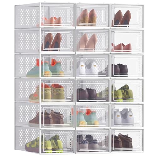 SONGMICS Shoe Boxes, Pack of 18 Stackable Shoe Storage Organisers - Foldable and Versatile for Sneakers, Fit up to UK Size 8, Cloud White, Dennys Collection LSP18SWT