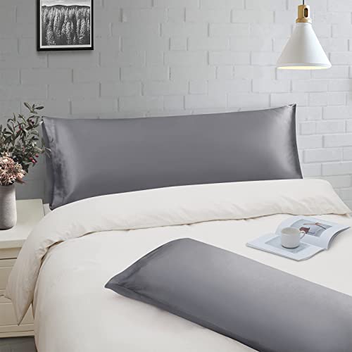 Ersmak Satin Body Pillow Cover Set of 2, 20x54 Inches Grey Ultra Soft Satin Body Pillow Case for Hair and Skin, Silky Slip Cooling Long Side Pillowcase with Envelope Closure