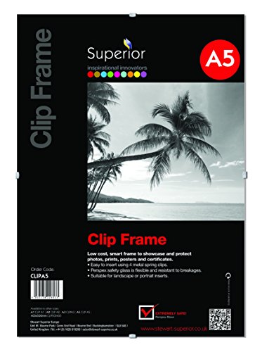 SECO A5 Frameless Clip Frame - Perspex Safety Glass Poster & Picture Frame - Wall Mounted Photo Certificate Display - Landscape or Portrait