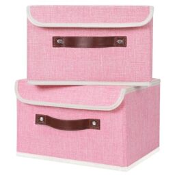 ANMINY Storage Bins with Lid and Handles Faux Leather Decorative Foldable Storage Box Cotton Linen Decorative Storage Box Pink Small Set of 2