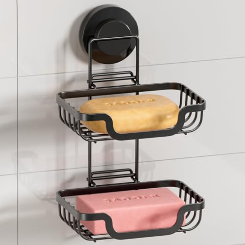 LEVERLOC Bar Soap Holder with Hooks, Suction Cup Soap Dish Stainless Steel - 2 Layer Soap Holder Shower Wall Mounted, Soap and Razor Holder for Shower, Rustproof for Bathroom, Sponge Holder Saver