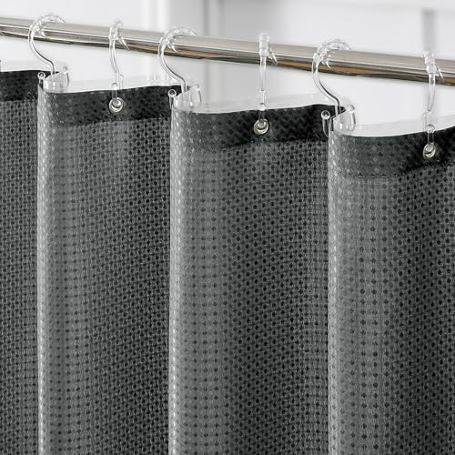 QIYI 3 in 1 Shower Curtain Set, Charcoal Grey Waffle Shower Curtain and Liner Set with 12 Double Shower Curtain Hooks, Waterproof Fabric Bathroom Curtain with PEVA Liner & Clear Plastic Rings, 72 x 72