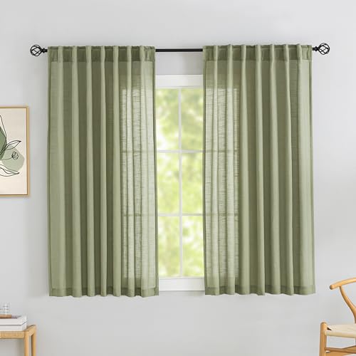 DONREN Sage Green Back Tab Curtains 54 Inches Long 2 Panels for Guest Room -Elegant Modern Country Semi Sheer Privacy Drapes Hooks Belt Light Filtering Playroom Curtains W52 x L54