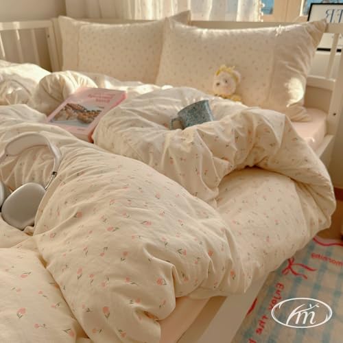 VM VOUGEMARKET Girl's Pink Flower Duvet Cover Twin,Romantic Lace Bedding Set with Zipper Ties Soft Lightiweght Washed Microfiber Comforter Cover for Teen Girls