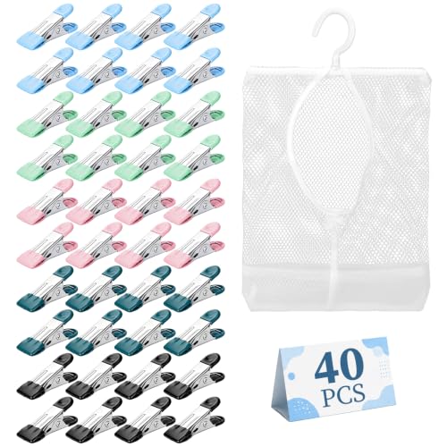 Alyvisun 40PCS Clothes Pegs for Washing Lines, Storage Bag & Durable Spring - Lightweight stainless steel washing pegs for clothes socks and towels indoors or outdoors ideal for everyday family laundry
