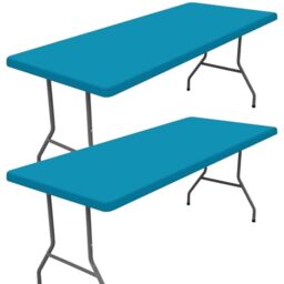 "Moosfor Spandex 4 Foot Rectangle Table Cloth 2 Pack, Elastic Fitted Tablecloths for Picnic, Stretch Washable Patio Table Cover for Outdoor, Camping, Banquet and Parties (Teal, 30""x48"")"