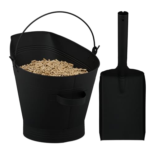 Relaxdays Coal Bucket with Shovel, 11 Litre Volume, Scuttle, Fireplace Accessories, Iron Ash Container, Metal, Black
