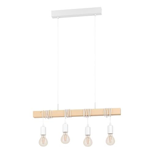 EGLO Townshend Pendant Lamp, 4 Bulbs Vintage Pendant Light in Industrial Design, Retro Hanging Lamp Made of Steel and Wood, Colour: White, Brown, Socket: E27
