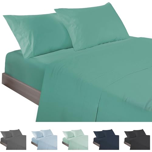 ECOMMERC3 - 4 Piece Sheet Set for 90 Bed Made in Spain - Sheet Set with Fitted Sheet, Top Sheet and 2 Pillowcases Aquamarine, Extra Soft and Lightweight Sheet