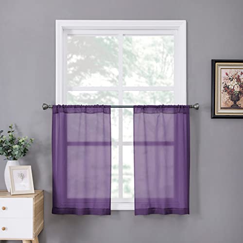 Tollpiz Sheer Tier Curtain Linen Textured Half Kitchen Curtains Sheer Light Filtering Rod Pocket Voile Small Curtains for Bathroom, 25 x 36 inches Long, Royal Purple, Set of 2 Panels