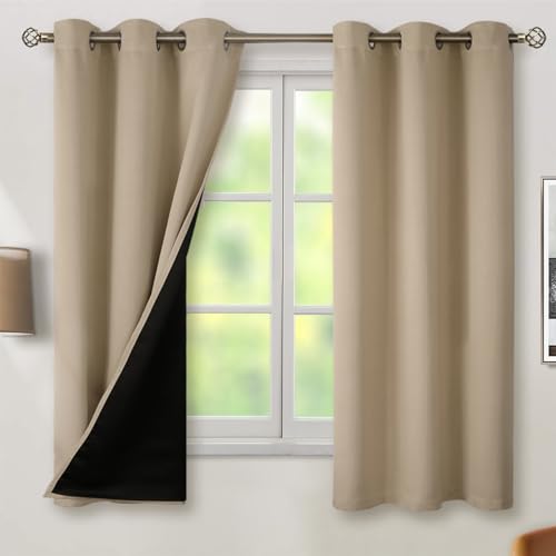 BGment Thermal Insulated 100% Blackout Curtains for Bedroom with Black Liner, Double Layer Full Room Darkening Noise Reducing Grommet Curtain (38 x 63 Inch, Sand, 2 Panels)