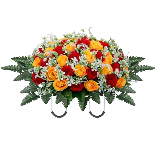 LOSFOTBO Headstone Flower Saddle,Large Artificial Cemetery Flowers for Grave,Cemetery Memorial Flowers for Outdoor Tombstone Decorations(Red Yellow)