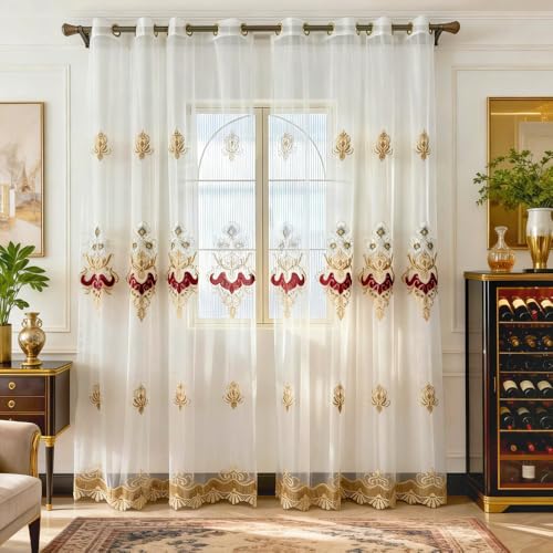 Amidoudou 1 Pair European Luxury Embroidered Sheer Curtains for Living Room Bedroom Window Screening (Beige and Red,63x96 Inch)