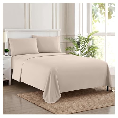 RV Queen Bed Sheets - Breathable Luxury Sheets with Full Elastic & Secure Corner Straps Built In - 1800 Supreme Collection Extra Soft Deep Pocket Bedding Set, Sheet Set, RV Short Queen, Beige
