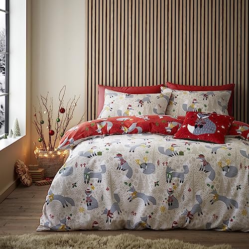 Fusion - Christmas Foraging Fox - Reversible Double Duvet Cover Set, Red/Natural