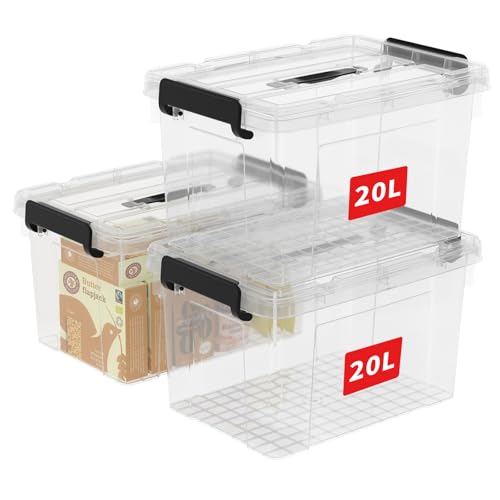 Cetomo 20L*3 Storage Boxes, Carry Plastic Storage Box with Lids, Clear Organizing Container with Handle and Secure Latches, Nestable & Stackable Tote Box for Home Office, 20L-3 Pack, Transparent