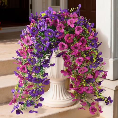 Artificial Flowers for Outdoors, 4 Pcs Fake Hanging Plants UV Resistant - Faux Silk Pansy, Front Door Porch Planter, Patio Yard Garden Balcony, No Fade, Spring Summer Decor, Purple Rose Red