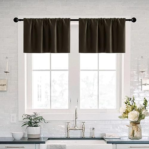 XTMYI Set of 2 Waterproof Window Sheer Valances with Rod Pocket for Bathroom, Kitchen, Dark Cafe, 31.5 by 13.8 Inch, Chocolate Brown