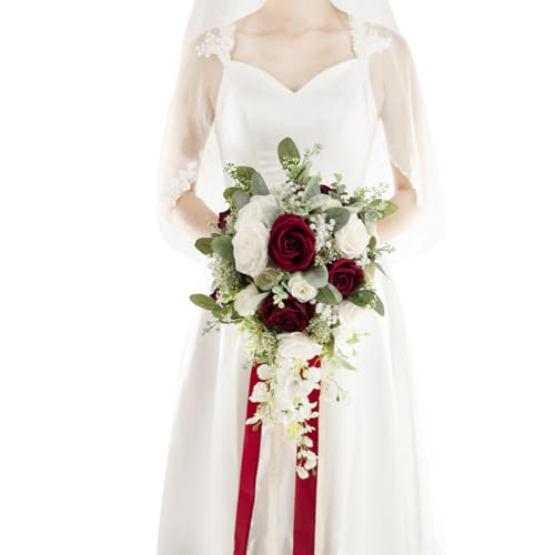 Floinla 12 Inch Cascade Wedding Bouquets for Bride, Burgundy & White - Cascading Bridal Bouquet for Wedding Silk Artificial Flowers