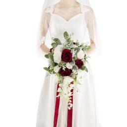 Floinla 12 Inch Cascade Wedding Bouquets for Bride, Burgundy & White - Cascading Bridal Bouquet for Wedding Silk Artificial Flowers