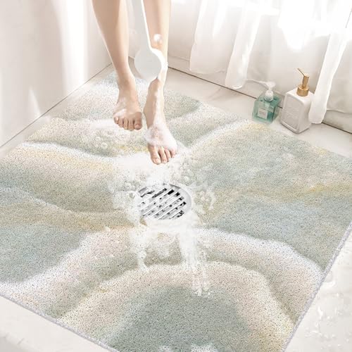 Square Shower Mats Non Slip: 32??32 Inch Large Anti Slip Shower Mats for Inside Shower with Drain Hole in Middle, Soft PVC Loofah Bath Mats for Shower for Elderly and Kids