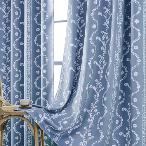 LIMON HOME Blue and White Blackout Curtains for Bedroom 84 Inches Long,Full Blackout Grommet Curtains for Living Room,Soundproof Grommet Window Treatments Drapes,52x84,2 Panels