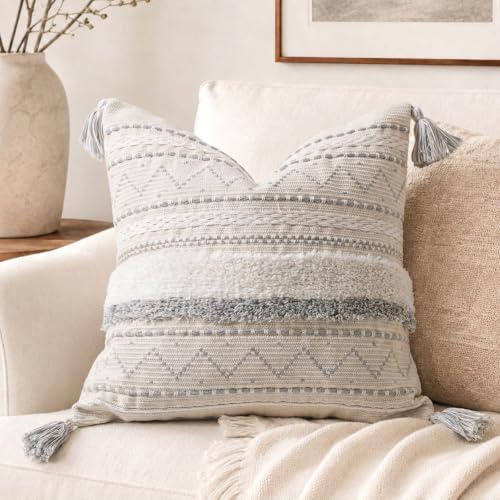 BlissBlush 18X18 Throw Pillow Cover, Cream Neutral Square Decorative Cushion Cover with Gray Pattern, Boho Accent Pillowcase with Tufted Details and Tassels for Couch Sofa Living Room (Cover Only)