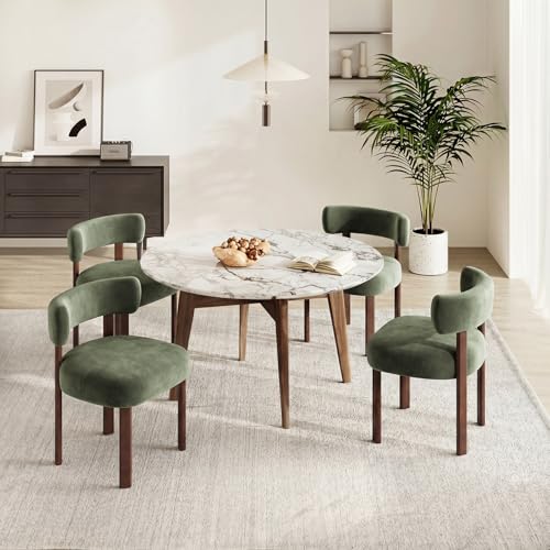 COLAMY Wooden Dining Chairs Set of 4, Velvet Fabric Chairs for Dining Room with Open Curved Backrest and Thick Seat Cushion, Upholstered Kitchen Chair with Anti-Slip Pads, Green