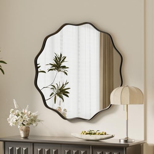 "VooBang Black Scalloped Circle Mirror, 20"" Wavy Edge Round Wall Mirror with Tempered Glass Textured Circular Metal Deep Frame, Hanging Leaning for Bathroom, Hallway, Entryway, Livng Room"
