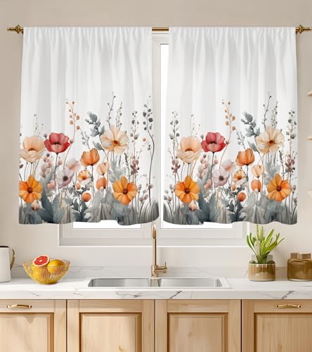 "Stanoha Kitchen Curtains (2 Pcs) Over Sink Cafe Basement Cortinas para Cocina Farmhouse Short Mini Curtain for Bathroom Window Spring Summer Elegant Country Rustic Modern Cute, 26??36"", Wildflower"