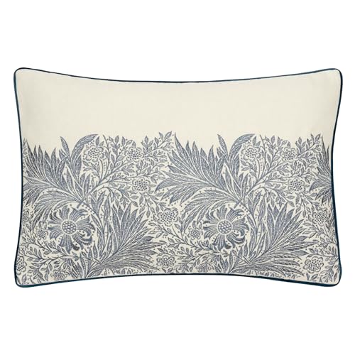 Morris&Co. Marigold Feather Rich Filled Cushion – Embroidered Floral Design Pillow with Velvet Piping (Indigo - 40x60cm)