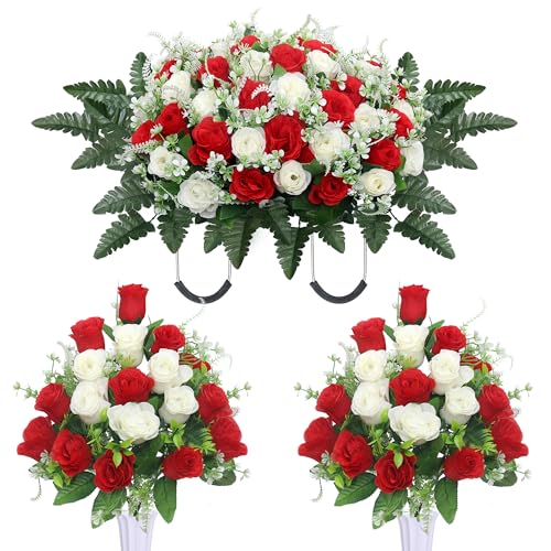 LOSFOTBO 3pcs Headstone Flowers Saddle for Tombstone,Cemetery Flower Memorial Bouquet with Vase,Rose Headstone Flowers Saddle (Red White)