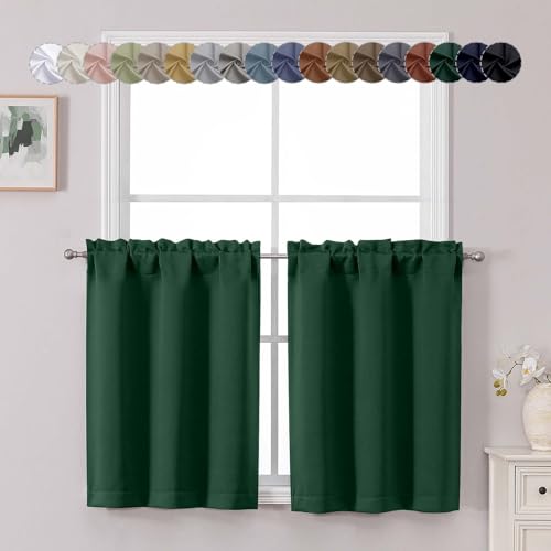 "Chyhomenyc Ever Green Short Blackout Curtains 30 Inch Length, Small Kitchen Curtain Tier Rod Pocket Half Window Curtains for Bathroom Basement Cabinet Camper RV Bunk, 2 PCS, Each 30"" Wx30 L"