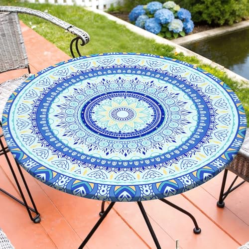 "Round Tablecloth Fitted Elastic Waterproof Table Cover for 45""-56"" Tables - Outdoor Round Tablecloth With Windproof Elastic Edges And Wipeable Fabric For Picnic And Patio Dining"