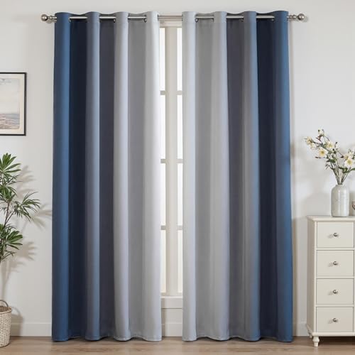 weesire Ombre Blackout Curtains for Bedroom Living Room 2 Panels 100% Blackout Navy Blue Gradient Curtains, 52x96 Inches