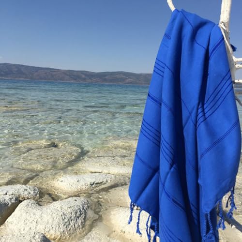 Fouta Beach Towel, 100% Cotton, 95 x 175 cm - High Absorbency, Soft and Lightweight (174 g/m??) - Machine Washable, Elegant Blue Design