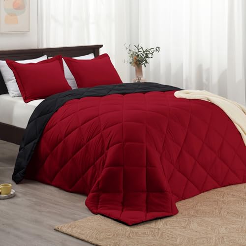 "Basic Beyond Queen Comforter Set, Red and Black Comforter Set Queen Size, Reversible Bed Comforter Queen Bed Set for All Seasons, 1 Comforter (88""x92"") and 2 Pillow Shams (20""x26""+2"")"