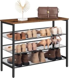HOOBRO 4-Tier Shoe Rack, Shoe Storage Organizer with 3 Adjustable Mesh Shelves, Metal Frame, Industrial Shoe Rack for Entryway, Bedroom, Hallway, Rustic Brown and Black EUBF14XJ01
