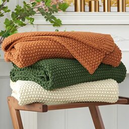 Longhui Organic Cotton Americana Throw Blanket in Beige, 60x80 Inch Oversize