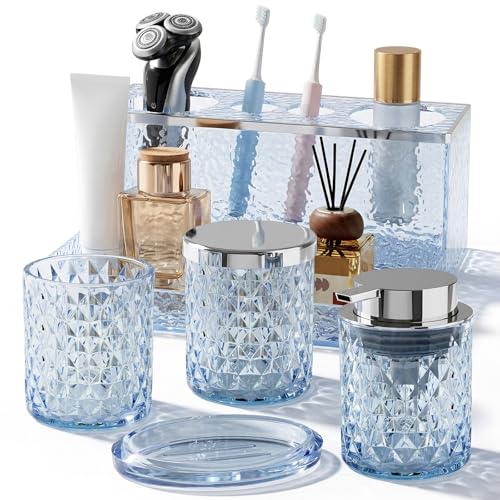 Glass Bathroom Accessories Set 5Pcs Crystal - Blue Foaming Soap Dispenser, Soap Dish, Cup, Acrylic Toothbrush Holder with Tray Organizer, Cotton Swab Jar, Bathroom Counter Set Sink Decor