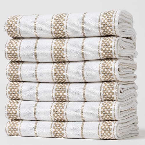 Casa De Lan Kitchen Towels Set ??? Pack of 6 (20?????? x 30??????) Extra Large Premium Cotton Dish Towels for Kitchen ??? Chain Stripe Towels ??? Highly Absorbent ??? 100% Cotton ??? with Hanging Loop ??? Beige