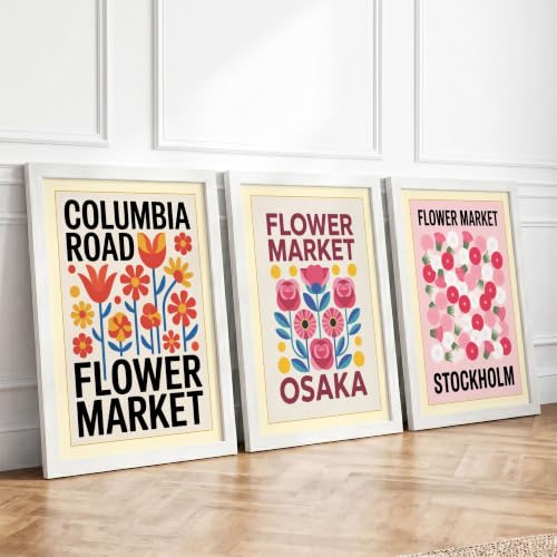 Flower Market Posters Retro Set of 3 Framed Wall Art Prints A4