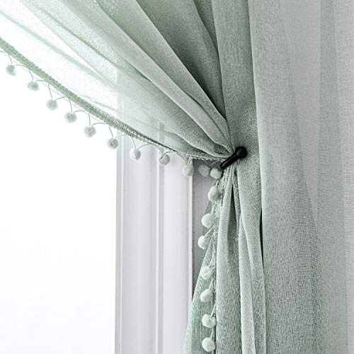 MISS SELECTEX Linen Look Pom Pom Tasseled Sheer Curtains - Rod Pocket Voile Semi-Sheer Curtains for Living and Bedroom, Set of 2 Curtain Panels (52 x 84 inch, Aqua)