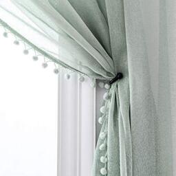 MISS SELECTEX Linen Look Pom Pom Tasseled Sheer Curtains - Rod Pocket Voile Semi-Sheer Curtains for Living and Bedroom, Set of 2 Curtain Panels (52 x 84 inch, Aqua)
