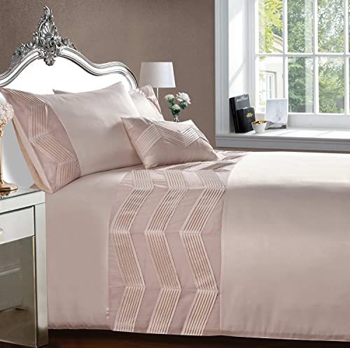 Rapport Home Valencia Pleated Zig-Zag Striped Panel Pink Easy Care Soft Cosy Duvet Cover Quilt Bedding Set with Pillowcases - King (135cm x 200cm)