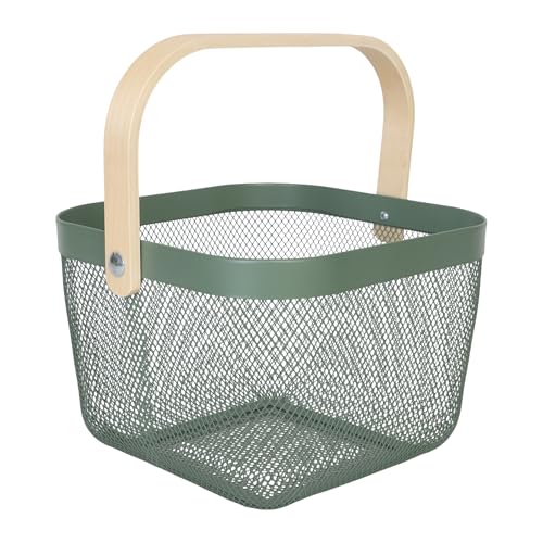 Relaxdays Storage Basket, with Handle, Clothes, Deco, Steel & Wood, Utensil Basket, Organiser, HBT: 17.5 x 26 x 24.5 cm