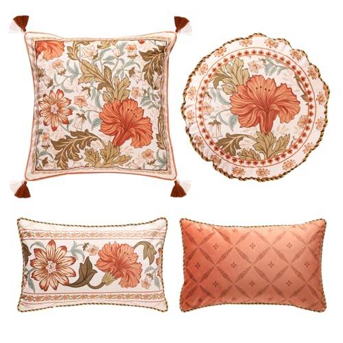 bilin gaier Throw Pillow Covers Pack of 4,Orange Floral Farmhouse with Wild Flowers Pattern Cozy Velvet Pillowcases,Decoration Square Lumbar Round Pillows Cushion Covers for Couch Bed Chair