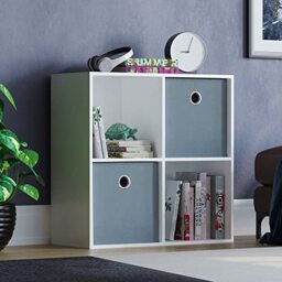 Vida Designs Durham Cube Bookcase Storage Organiser Living Room Bookshelf Home Office Furniture (4 Cube & 2 Grey Baskets, White)