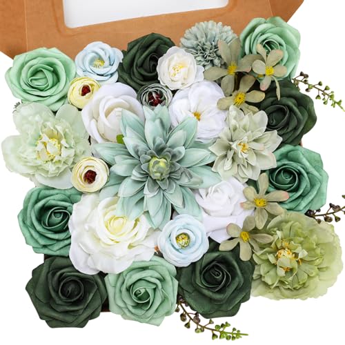 Senseya Artificial Flowers Combo Set, Green Silk Roses, Peonies, Dahlias with Stems for DIY Wedding Bouquets, Baby Shower, Table Centerpieces, Home Decor, Fake Floral Arrangements, Party Decorations