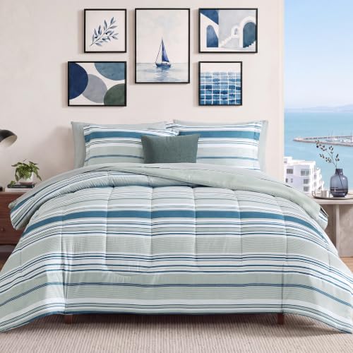 Monbix Full Comforter Set - 7 Pieces Bed in a Bag Full, Blue-Stripe Bedding Sets, All Seasons Down Alternative Comforter Bed Set with Sheets, Pillowcases & Shams